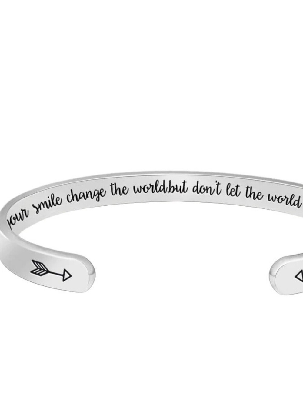 Inspirational Silver Arrow Cuff Bracelet - "Let Your Smile Change The World..."